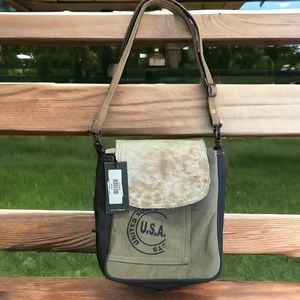 Myra Bag USA Stamp Upcycled Canvas
& Cowhide Crossbody Bag
